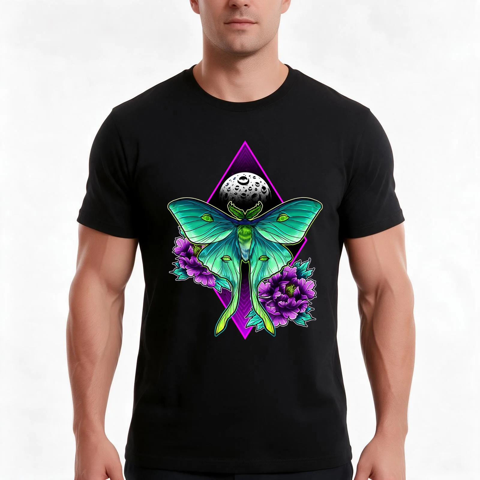 Luna Moth T-Shirt, Summer Casual Cotton Tee, Oversized Streetwear Tops, Vintage Graphic Print, Loose Fit Short Sleeve