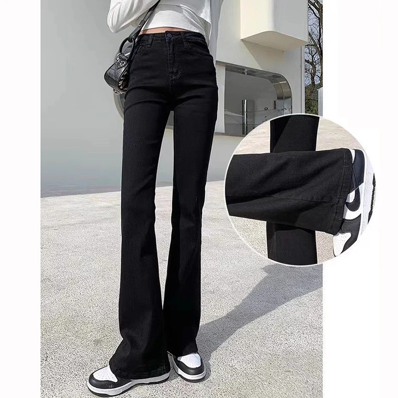 2025 High Street Women Solid Flared Jeans Girls Korean Casual High Waist Denim Trousers Women Classic Daily Straight Leg Pants