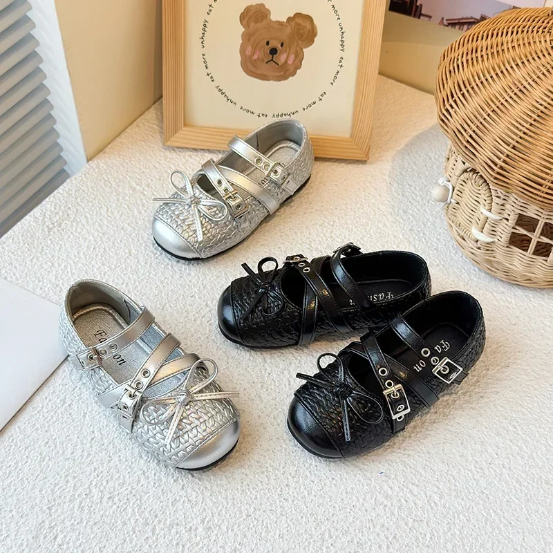 

Girls Leather Shoes with Simple Bow Children Flat Shoes Korean Style 2025 Autumn New Kids Princess Shoes Soft Bottom Soild Color
