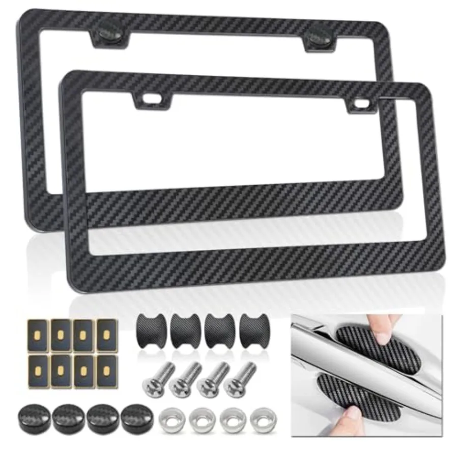 

Carbon Fiber License Plate Frames- Black Plastic Car Tag Holder, 2 Pack 2 Hole Front Rear Bracket with Screw Caps and Car Door