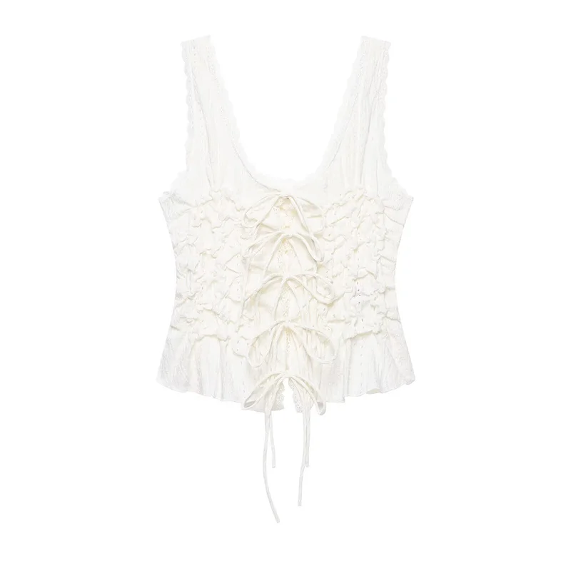 Guobioziy women's top 2026 new style lace-up short camisole with hollow lace fabric, romantic vintage, finely crafted