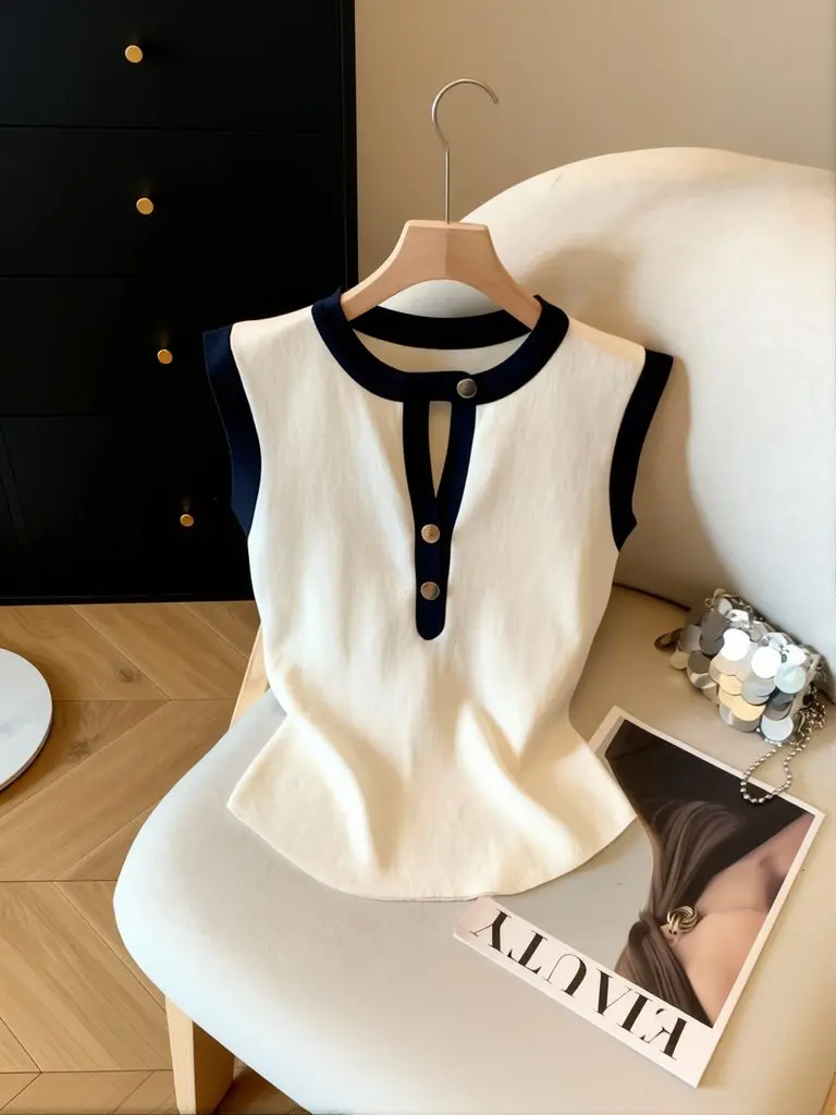 Vintage Sleeveless T Shirt Women Button O Neck Elegant Top Slim Fit Summer Top Casual Lady Work Wear