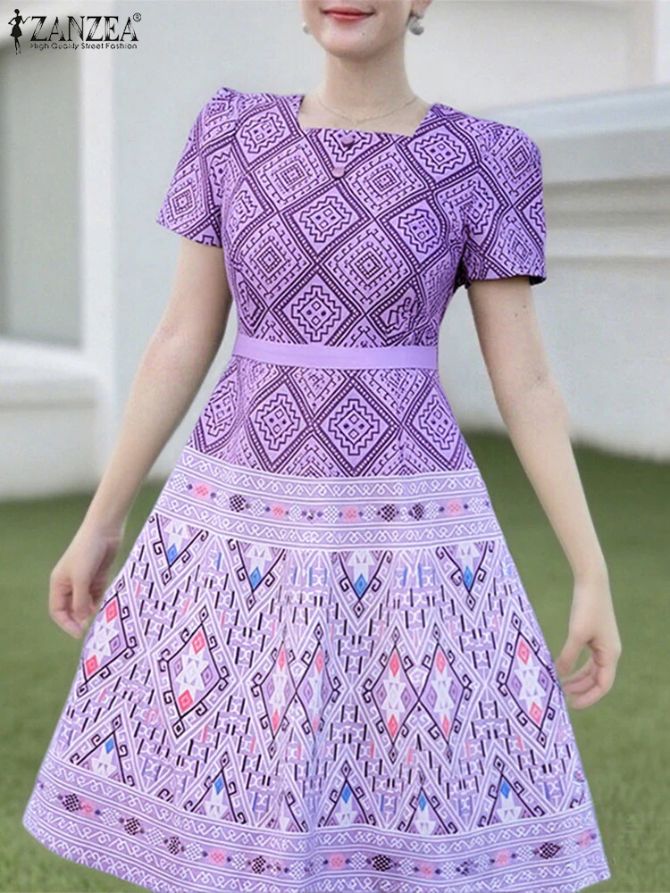 2025 ZANZEA 우아한 오피스 드레스 여성 여름 짧은 소매 미디 Sundress 패션 파티 Vestido 캐주얼 스퀘어 칼라 롱 가운