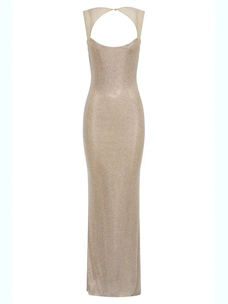 Sexy vierkante kraag mesh patchwork diamanten lange jurk vrouwen backless glanzende strass slanke jurken avondfeest cocktailjurken