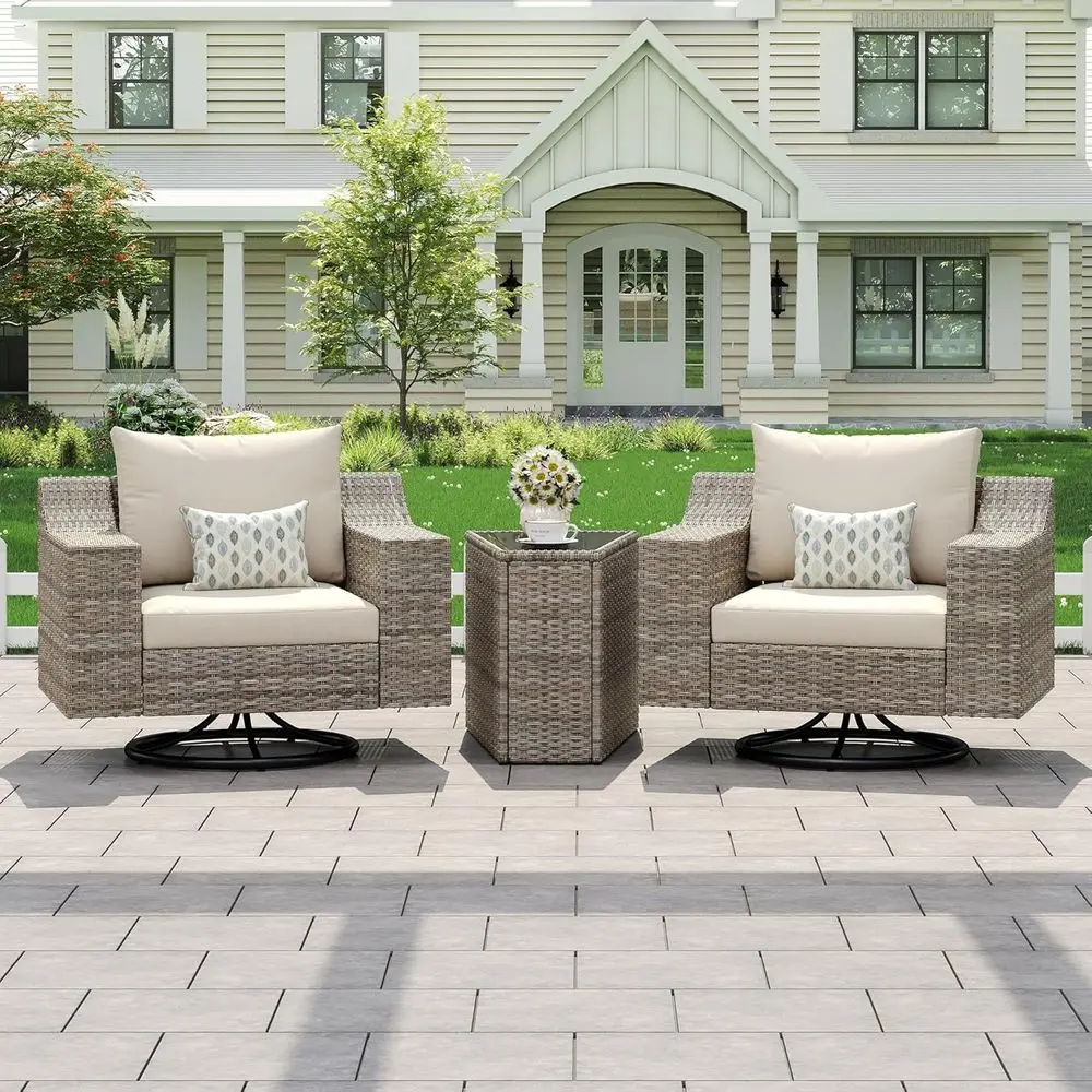 

3-Piece Outdoor Wicker Patio Furniture Set with Swivel Chairs, Storage Table, and Cushions