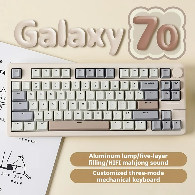 

Механическая клавиатура Galaxy70, алюминиевый сплав, индивидуальное трехрежимное соединение, беспроводная RGB, шелковистая сенсорная прокладка, структура Bptkeycap