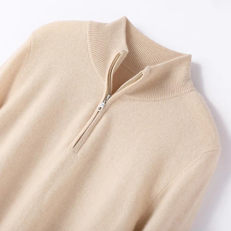 

100% Cashmere Women's Semi-High Collar Sweater with Zipper Autumn Winter Solid Color Casual Comfortable Cashmere Pullover