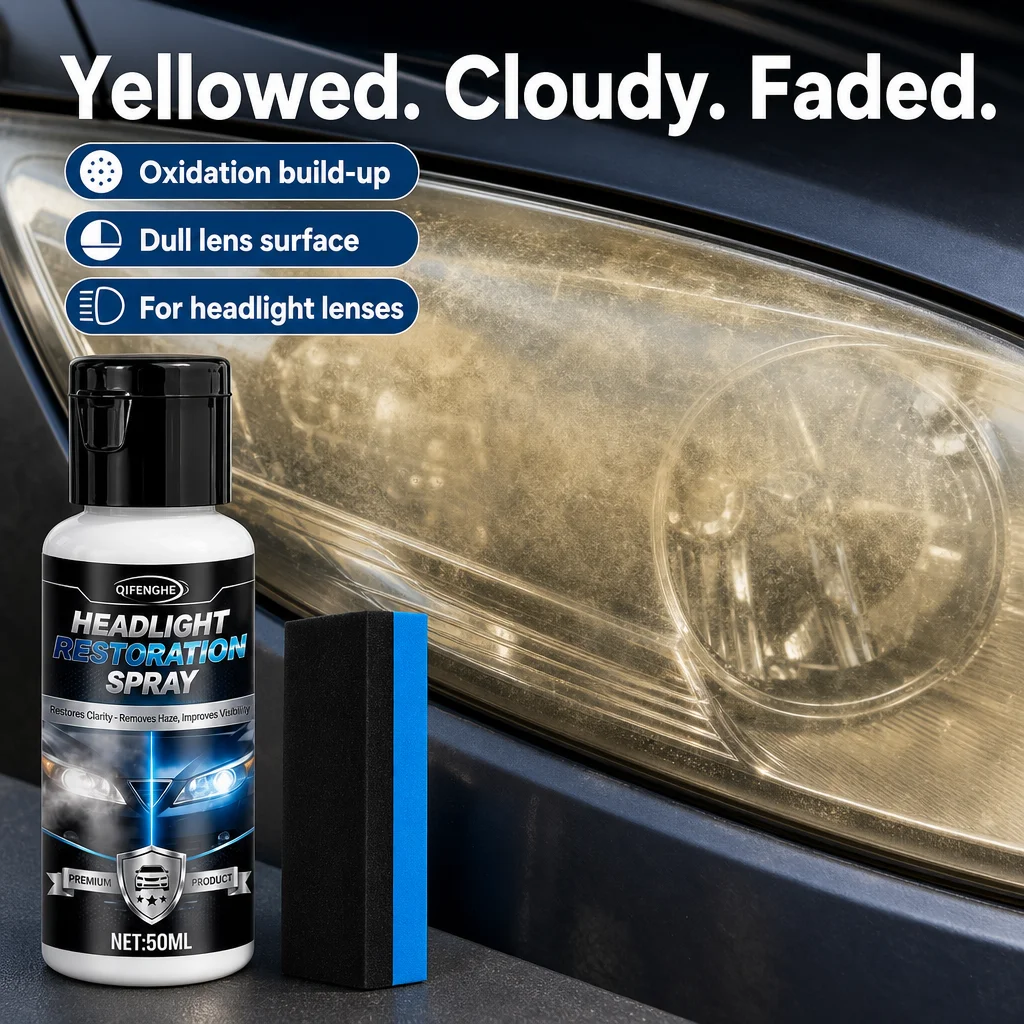 Headlight Restoration Spray 50ml, Car Headlight Cleaner Restorer with Sponge, Quick Repair Yellow Cloudy Oxidized Headlight Lens