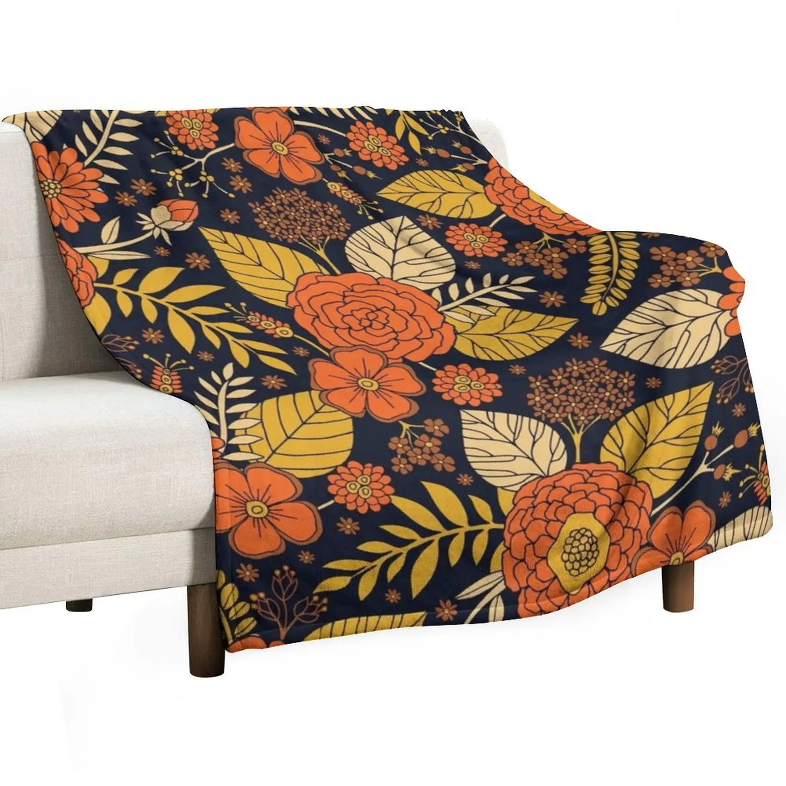 

Retro Orange, Yellow, Brown, & Navy Floral Pattern Throw Blanket Travel Blankets For Bed Blankets