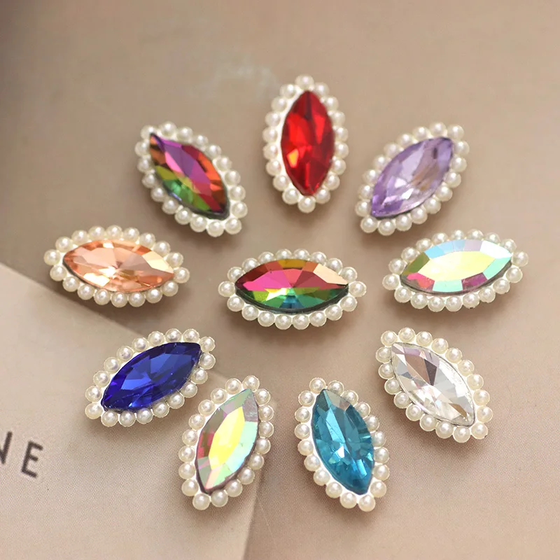 10x20mm Horse Eye Sew on rhinestone with Pearl Silver Base Flatback Glass Colorful Rhinestone Strass for Garments Decoration