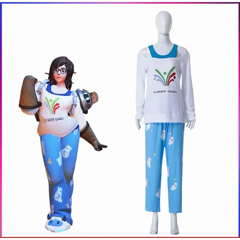 Game Overwatch Cosplay Costume Mei Cos Clothing Polar Bear Long-Sleeved Cute Pajamas Full Set Blue Pajama Sets