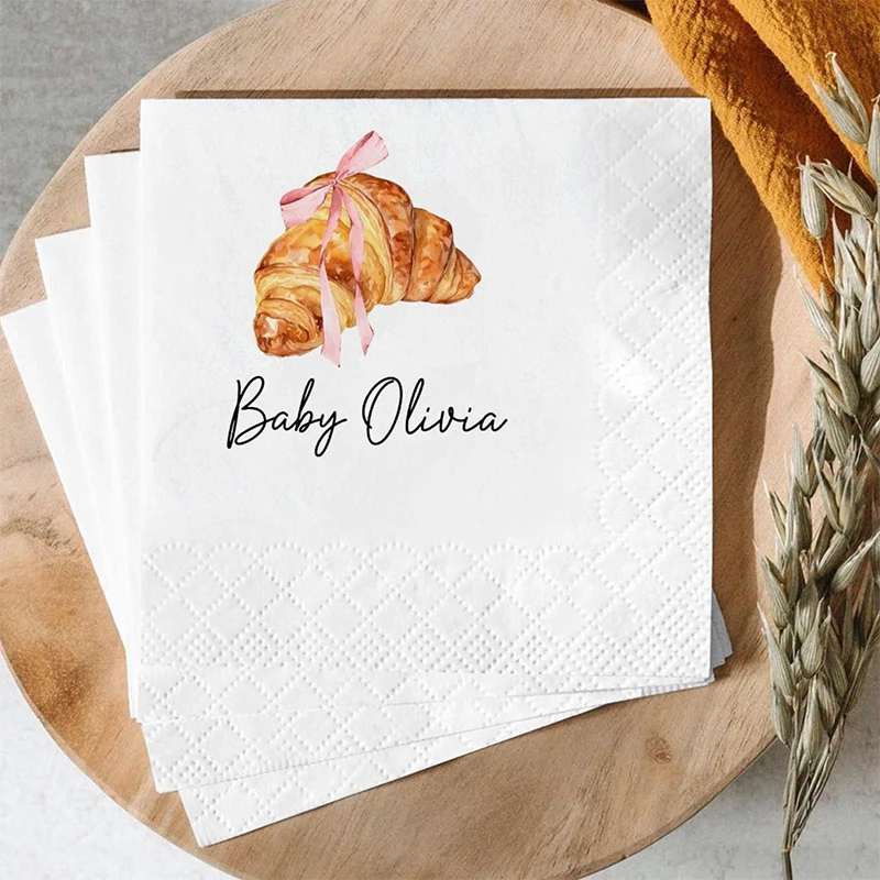Servilletas personalizadas para baby shower con croissant, servilletas con un pequeño croissant en el camino, servilletas francesas para almuerzo