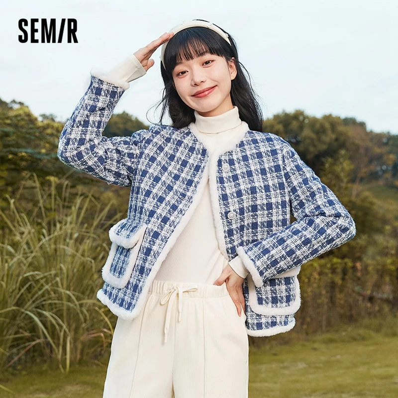 Semir Coat Women Cotton-Padded Warm Plaid Texture Elegant 2024 New Winter Fashion Loose Jacket