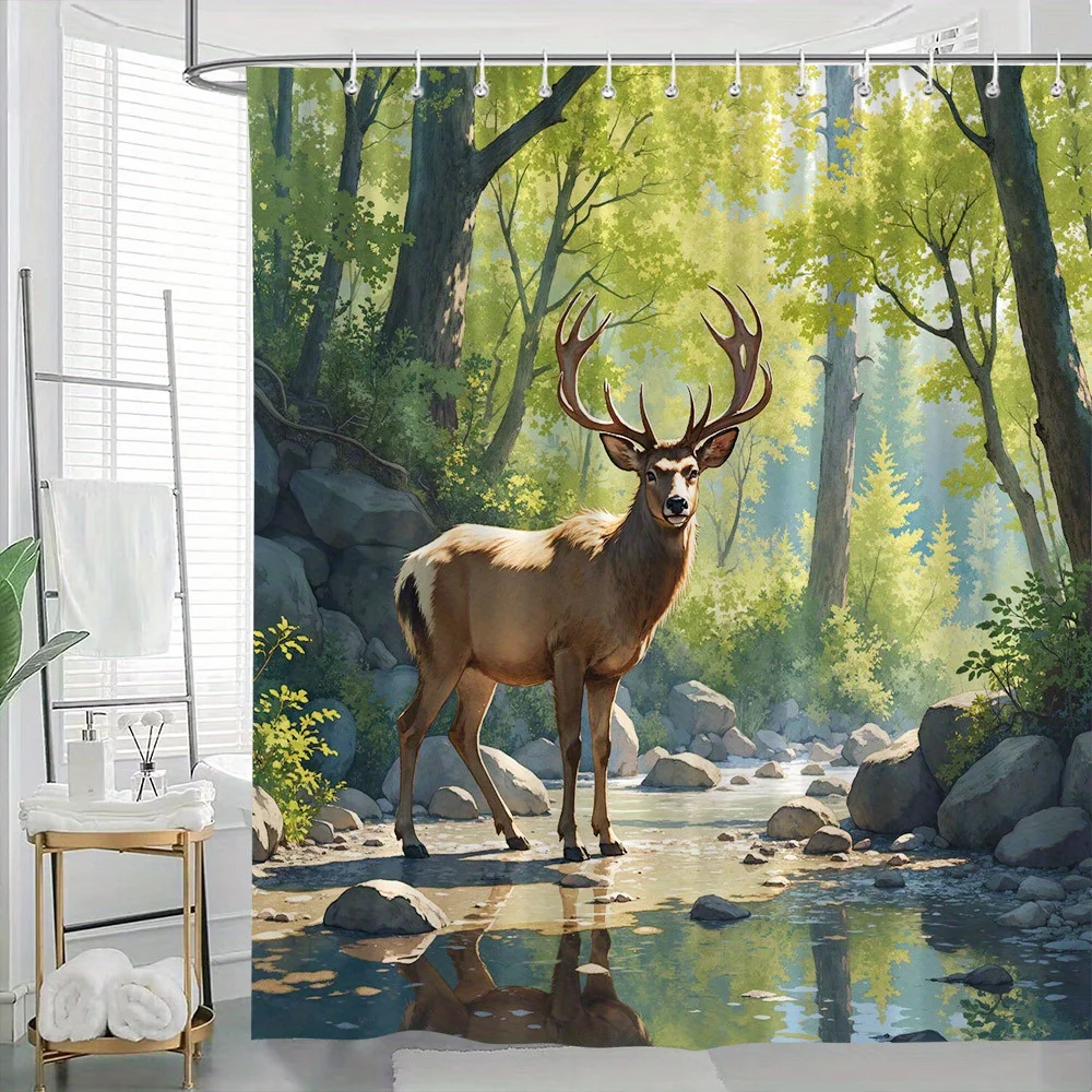 Deer Forest Stream Shower Curtain Nature Art Bathroom Decor Wildlife Trees Bath Curtains Modern Home Interior