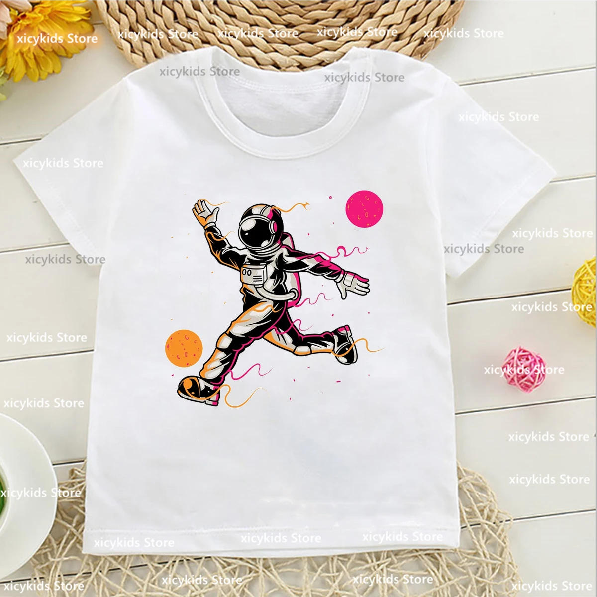 New Boys T-Shirt Anime Space Astronaut Moon Graphic Print Tshirt For Kids Fashion Trend Cute Kids Clothes White O-Neck Shirt Top