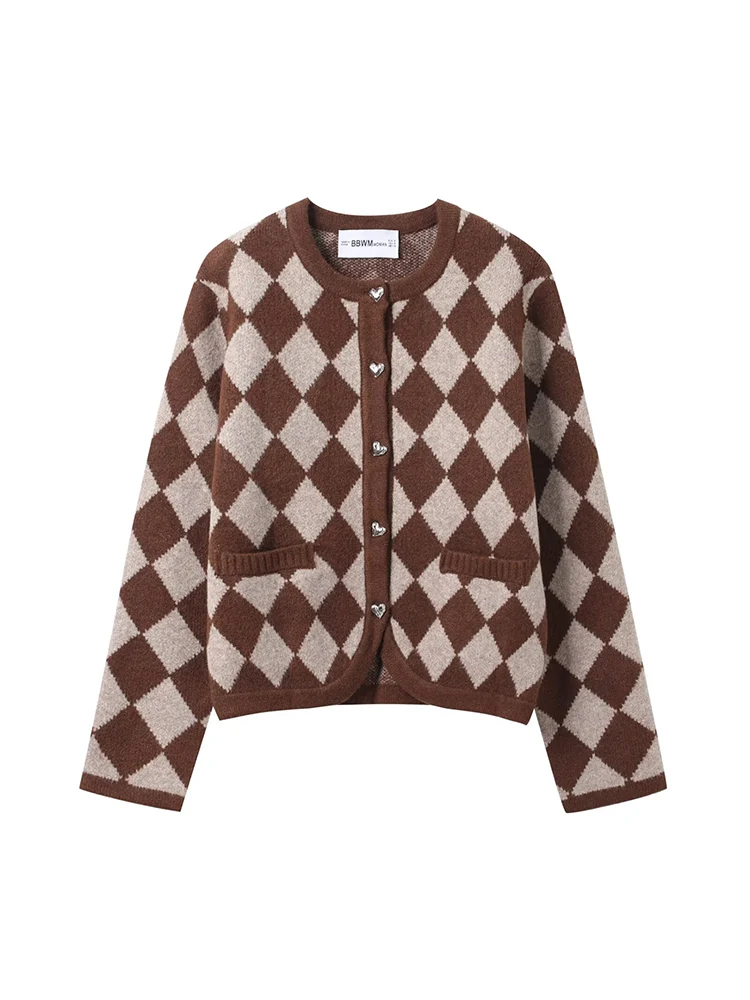 

European and American style autumn women's clothing new style fashionable and versatile diamond pattern jacquard knitted jacket