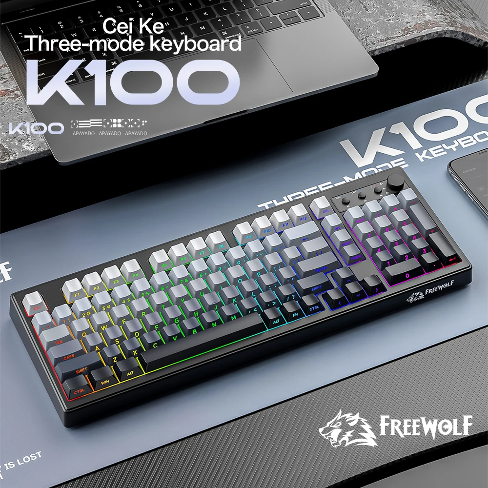 FREEWOLF K100 Tri-Mode Wireless Keyboard RGB Backlit 26 Keys Anti-Ghosting with Knob for PC Laptop Gamer