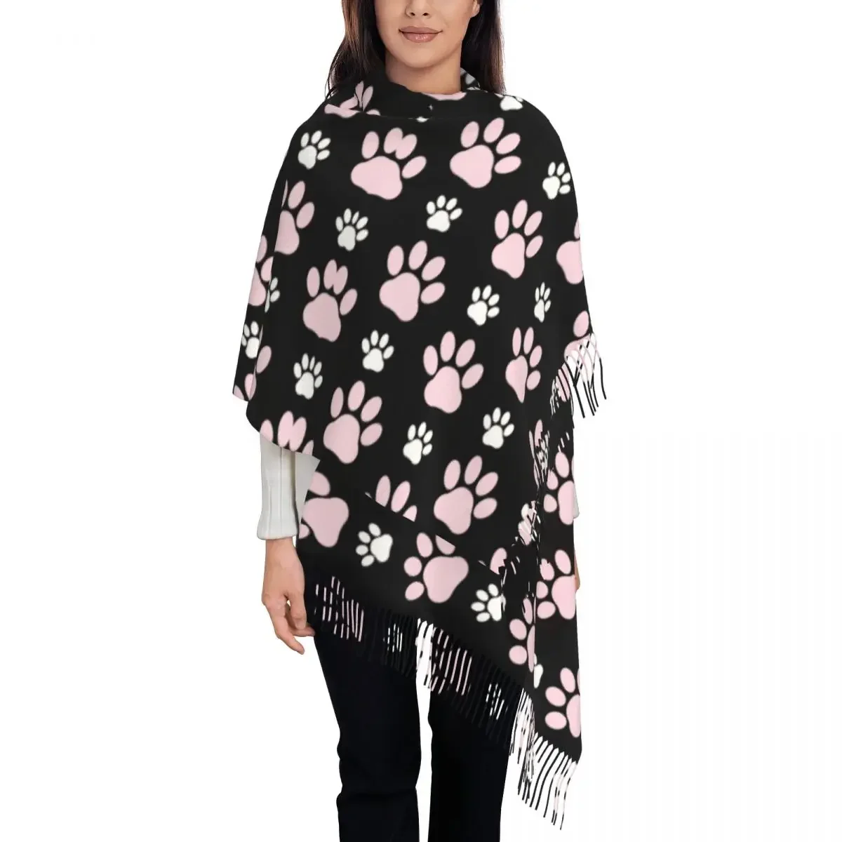 Lady Long Pretty Pattern Of Pink Paws Paw Scarves Women Winter Thick Warm Tassel Shawl Wraps Cute Animal Dog Lover Scarf