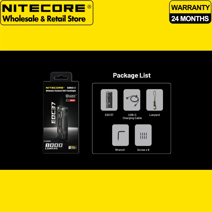 Fast Charging NITECORE EDC37 8000 Lumens Ultimate Tactical EDC Flashlight with OLED Real-Time Display & Built-in 8000mAh Battery