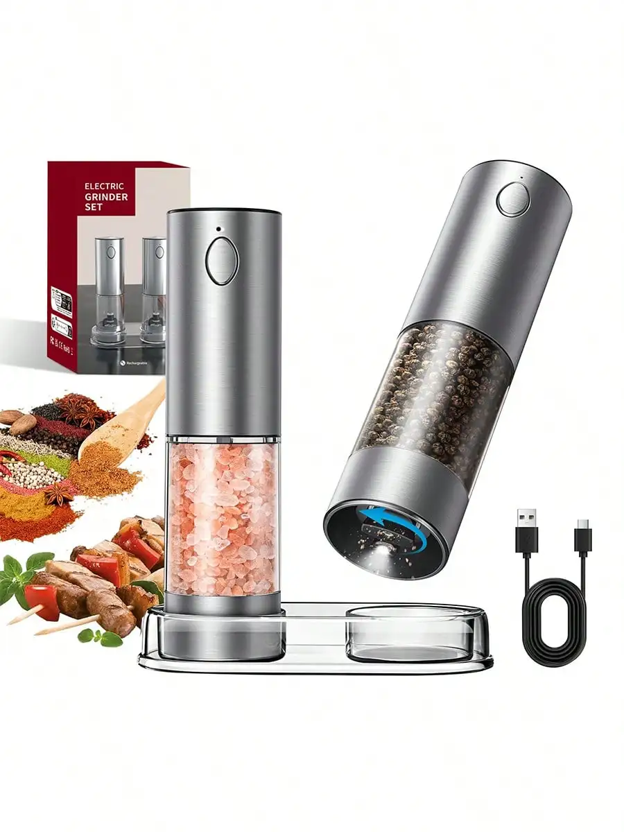 Kitchen Gadgets Gift Ideas - 2-Piece Electric Salt Pepper Grinder Set,