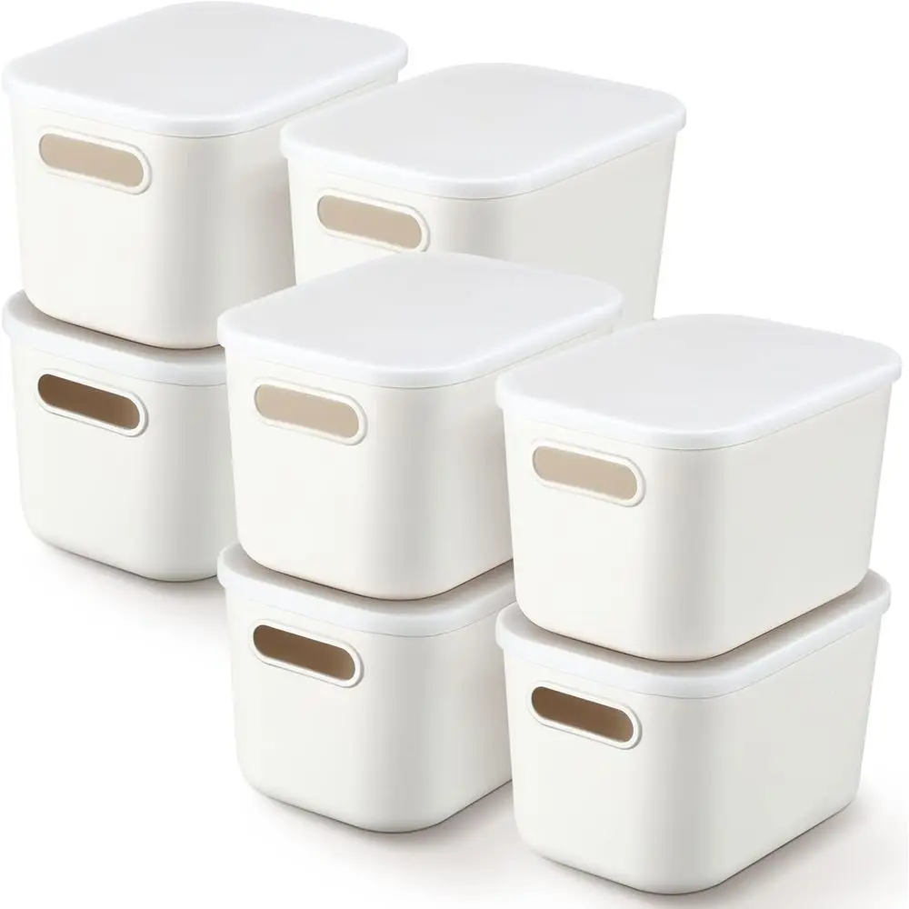 

8 Pieces White Plastic Storage Bins with Lids, Stackable Storage baskets with Handle Containers Box for Shelves Drawers Desktop