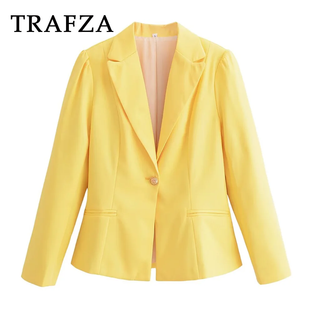 

TRAFZA 2024 Autumn Office Lady Women Solid Blazers Fshion Single Button Pleated Coats Casual Women Mujer Elegant Jackets