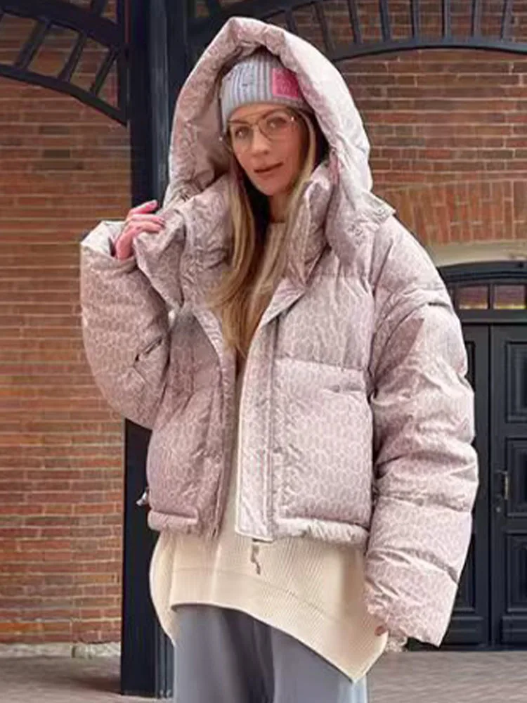 

HH 3Color Trendy Women Winter Simple Hand-Stuffed Printed Hooded Jacket Female Zipper Pocket Decoration Long-Sleeved Cotton Coat