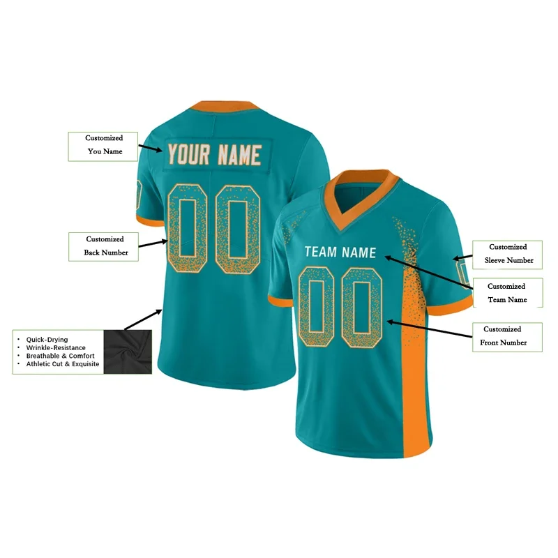 Fashion Green Series Customized Football Jersey Personlized Print and Sew Football V-Neck Athletic Unisex T-Shirts