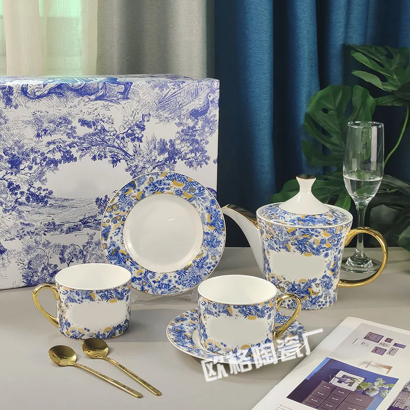 

Stylish European Luxury Tea Set 1 Pot and 2 Cups Saucers Exquisite Afternoon Tea Tableware for Cafe Office