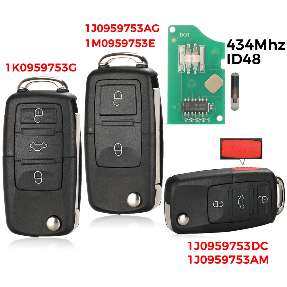 Jingyuqin 2/3/4 Buttons 315/434MHz Folding Car Remote Key id48 For VW For SEAT Altea Ibiza Leon Toledo T5 1J0959753AG 1K0959753G