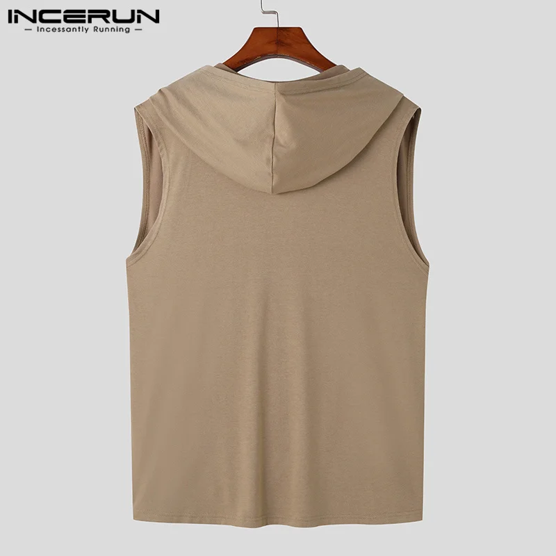 INCERUN Tops 2023 Handsome Men's Stylish Solid Hooded Waistcoat Casual Streetwear Loose Sleeveless Pile Collar Tank Tops S-5XL