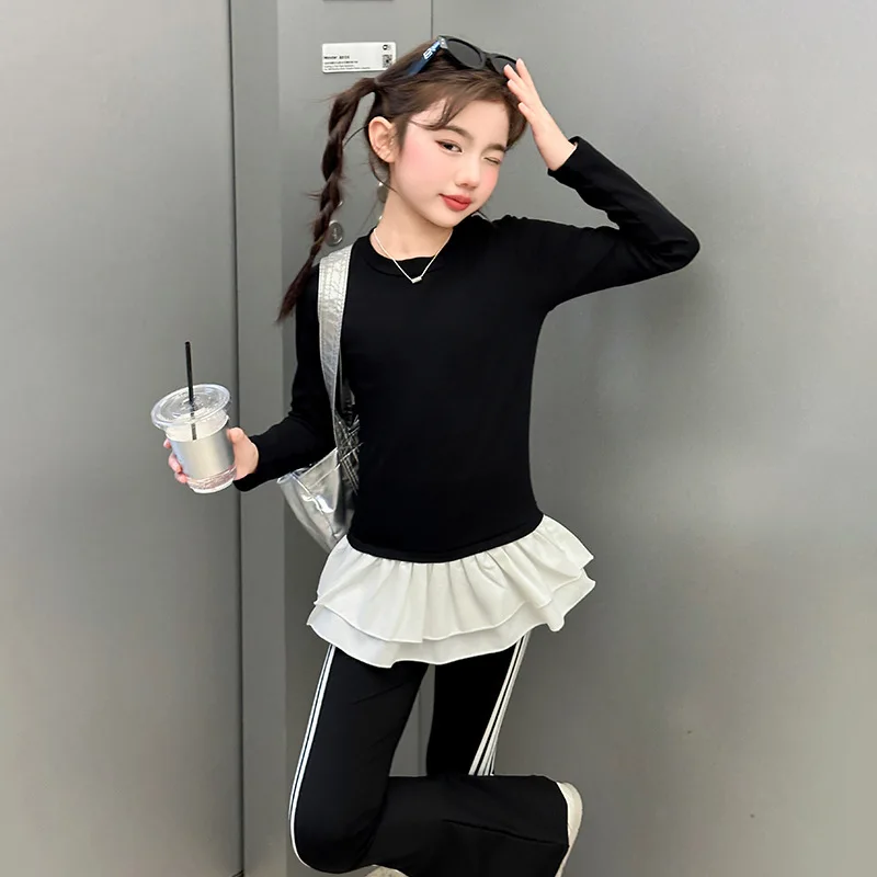 2026 autumn winter girl cloth lace patchwork sweatshirt + striped bell-bottom slim pant teens child set 4 9 10 11 12 14 15 year