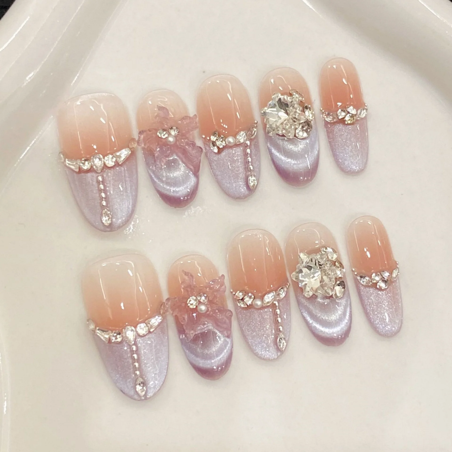 

10 шт., нежные фиолетовые накладные ногти ручной работы «кошачий глаз», глянцевый миндаль, накладные ногти во французском стиле, блестящий алмаз, ледяной цветок, накладные ногти