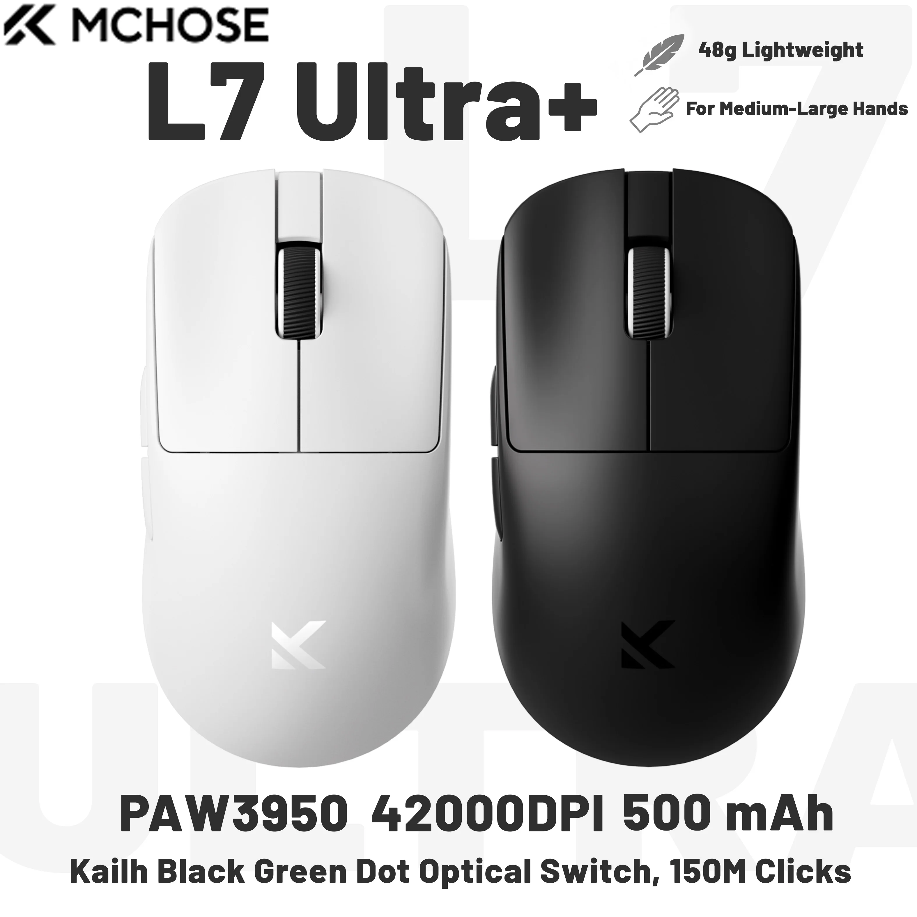 MCHOSE L7 Wireless Gaming Mouse L7 Ultra+ PAW3950 26K Sensor Dual 8K Polling 39g Ultra-Lightweight2.4GHz RF/BT/Wired Tri-Mode