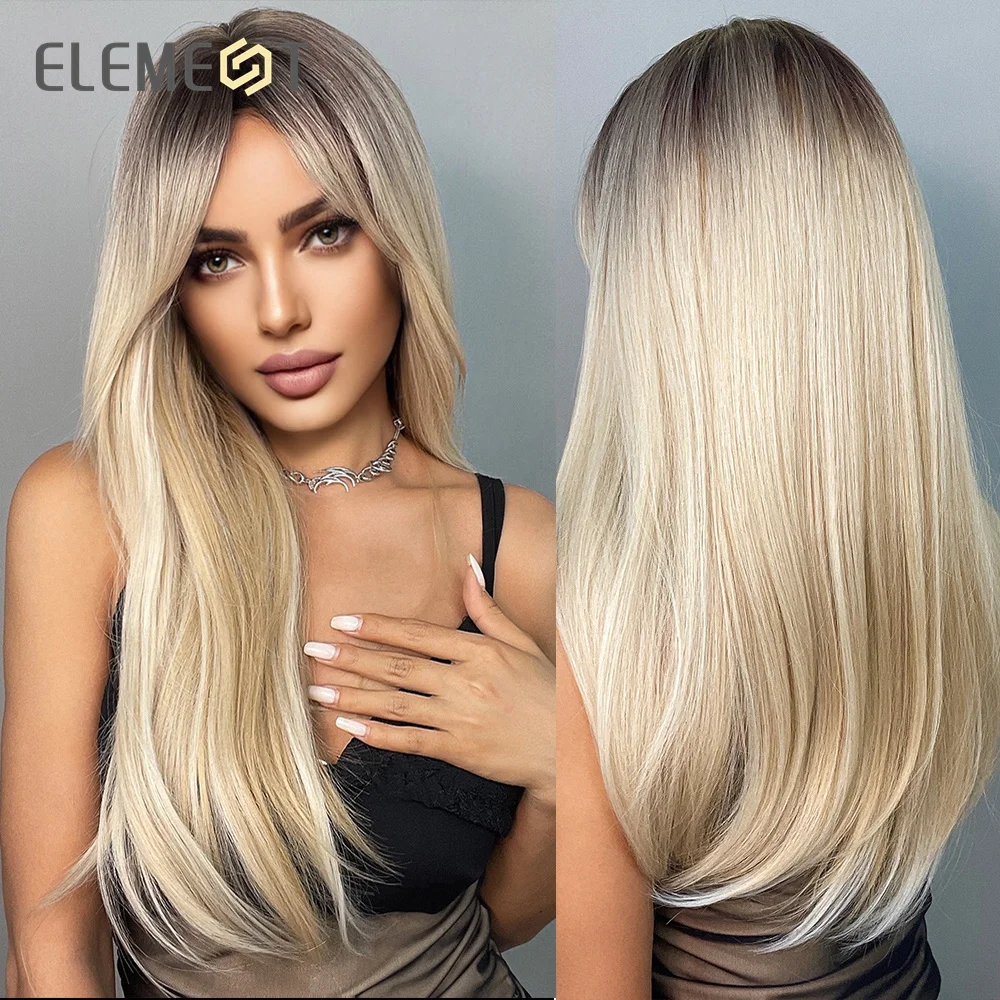 ELEMENT Synthetic Long Straight Ombre Black to Blonde Wigs for Women Wig Daily Party Cosplay Heat Resistant Natural Headband