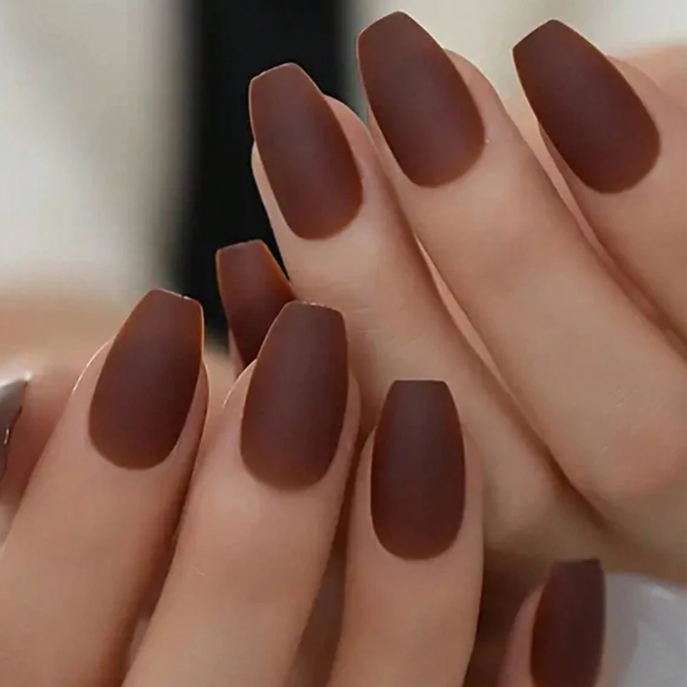 24pcs Ballerina Brown Nails Solid Matte Plain Fake Press on Nails Korean Nails Press on Nails Korean Press on Nails Cheap Nails