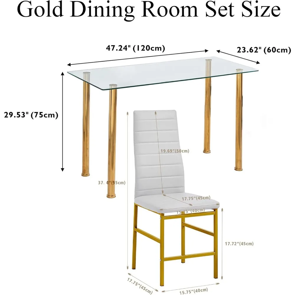 5 Piece Rectangular Glass Dining Room Set Gold for 4, Tempered Glass Kitchen Table with 4 Faux Leather Chairs Set