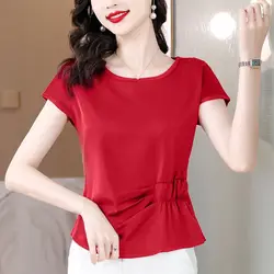 Korean Atmosphere Simplicity Fashion Summer Short Sleeved T-Shirts Women's Round Neck Solid Satin Folds Patchwork Slim Waist Top