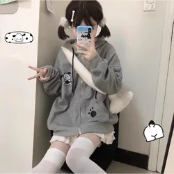 Japanese Cute Loose Long Sleeve Coat Kawaii Sweet Gray Hoodies with Hooded 2024 Autumn New Women Y2k Harajuku Casual Sweatshirts