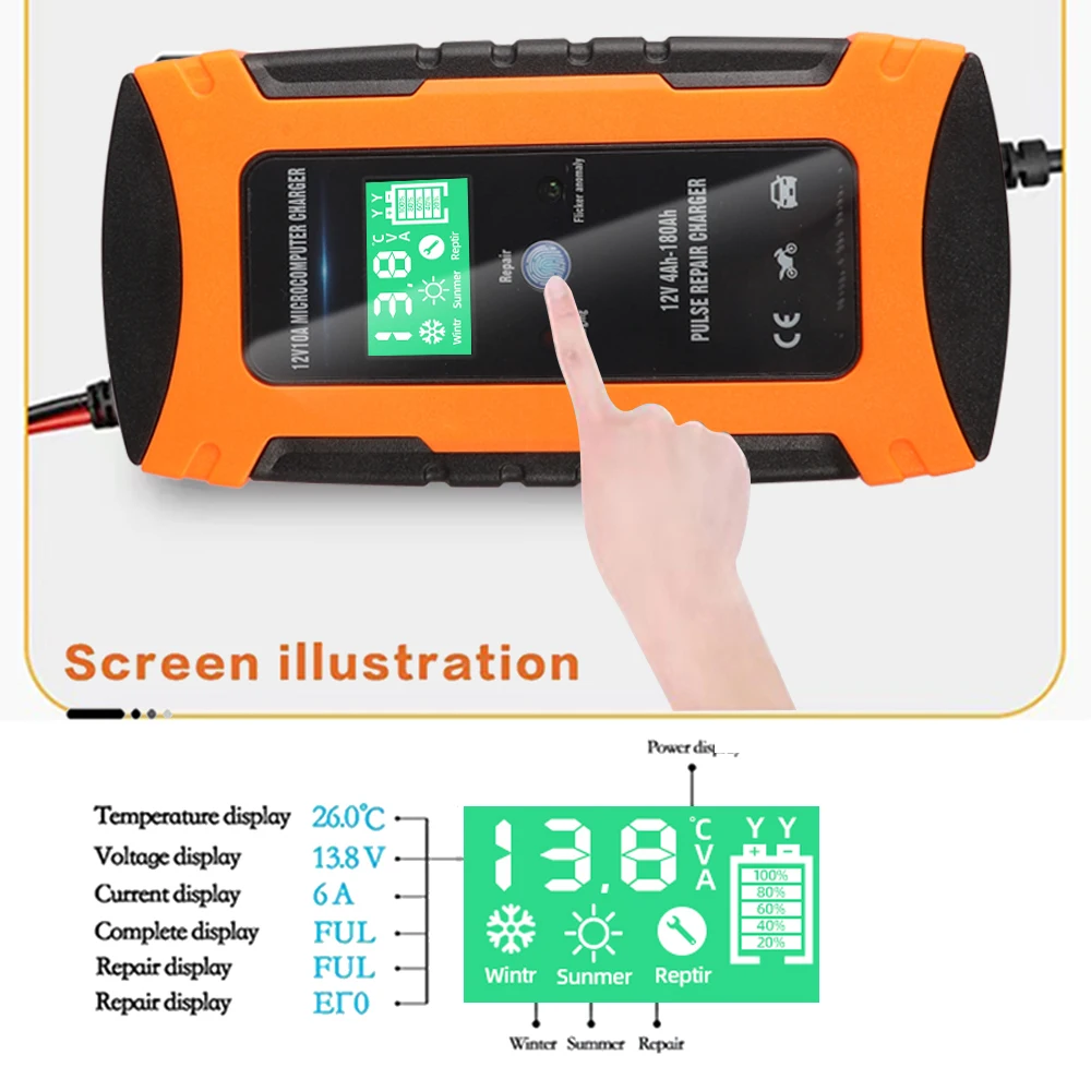 12V 10A Car Battery Charger Lcd Touch Screen Display Automatic Smart Battery Charger Pulse Repair Chargers Wet Dry Lead Acid