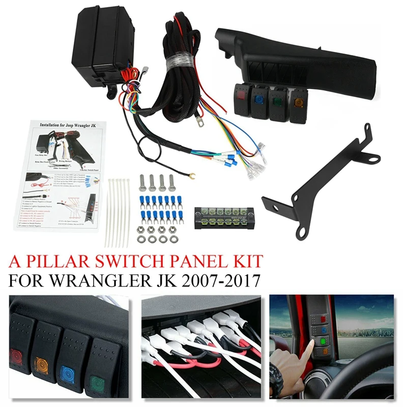 

For Jeep Wrangler JK 2007-2018 A Pillar Switch Panel Kit 4 LED Rocker Switch Control System Left Hand