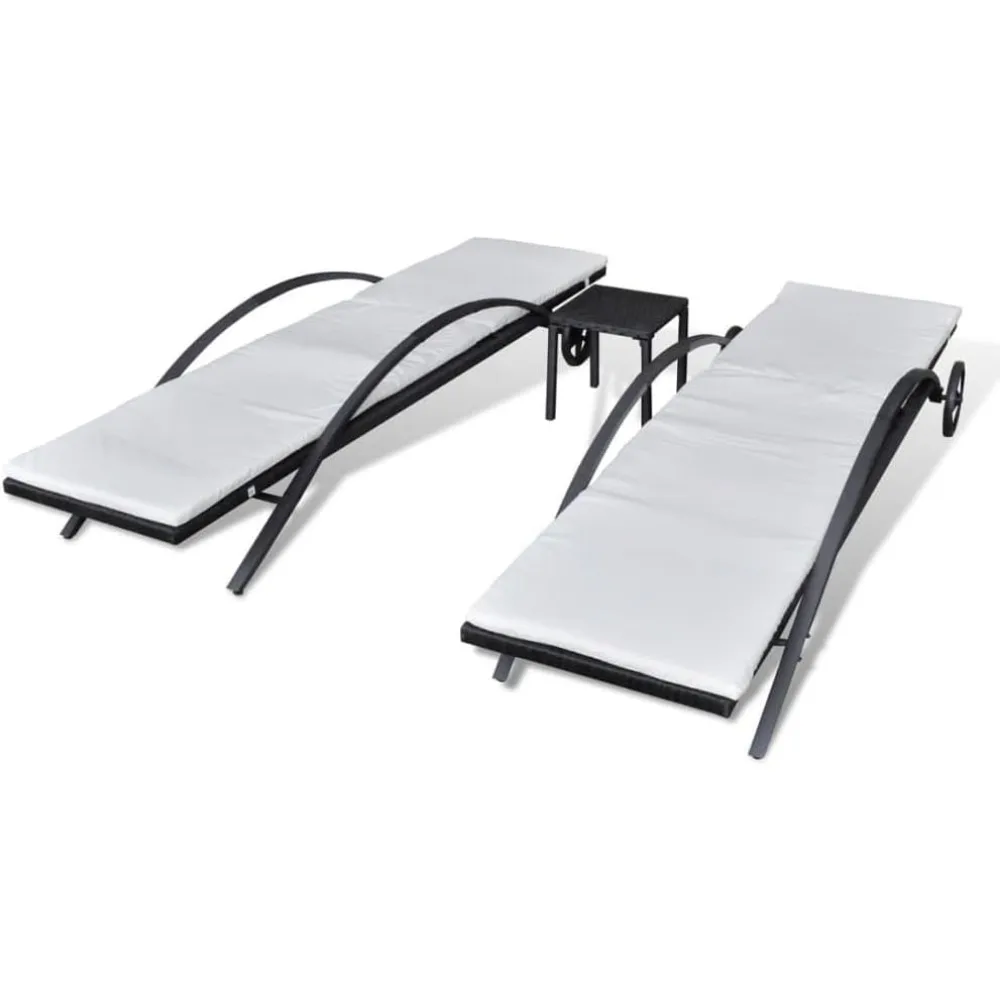 Conjunto de espreguiçadeira de vime elegante e funcional com mesa, encostos ajustáveis, resistente às intempéries, preto
