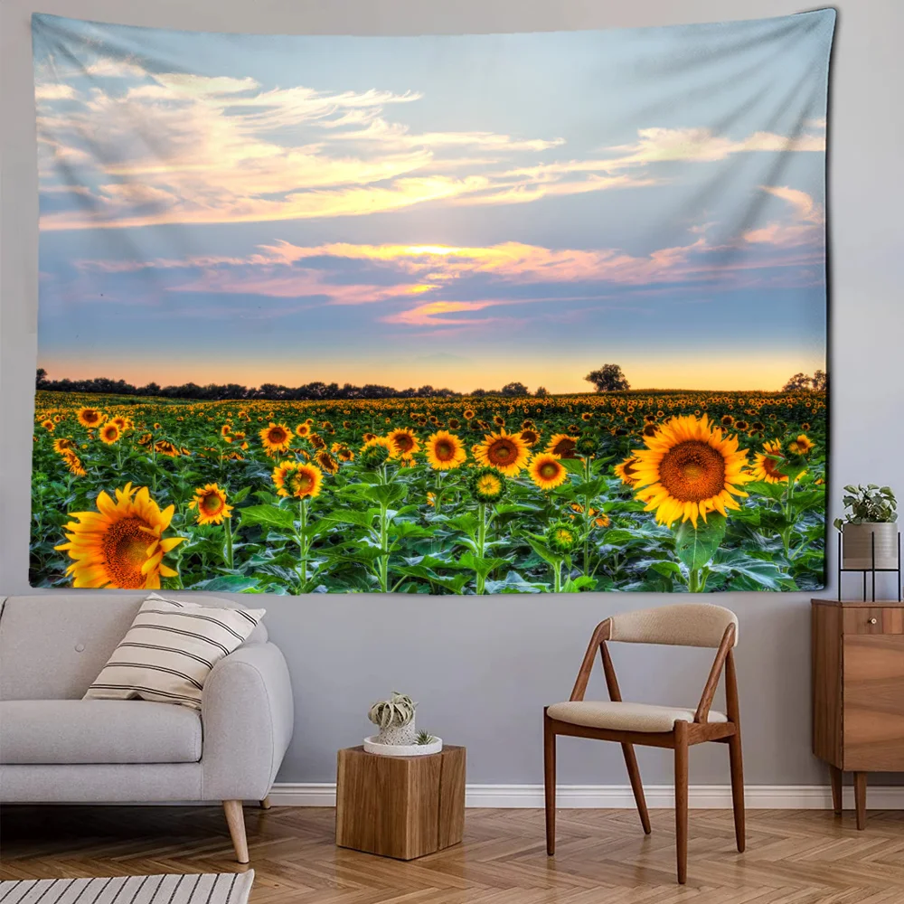 Sunflower Field Landscape Tapestry Blue Sky Sunshine Vibrant Style Living Room Bedroom Kitchen Wall Decorations Decor Home