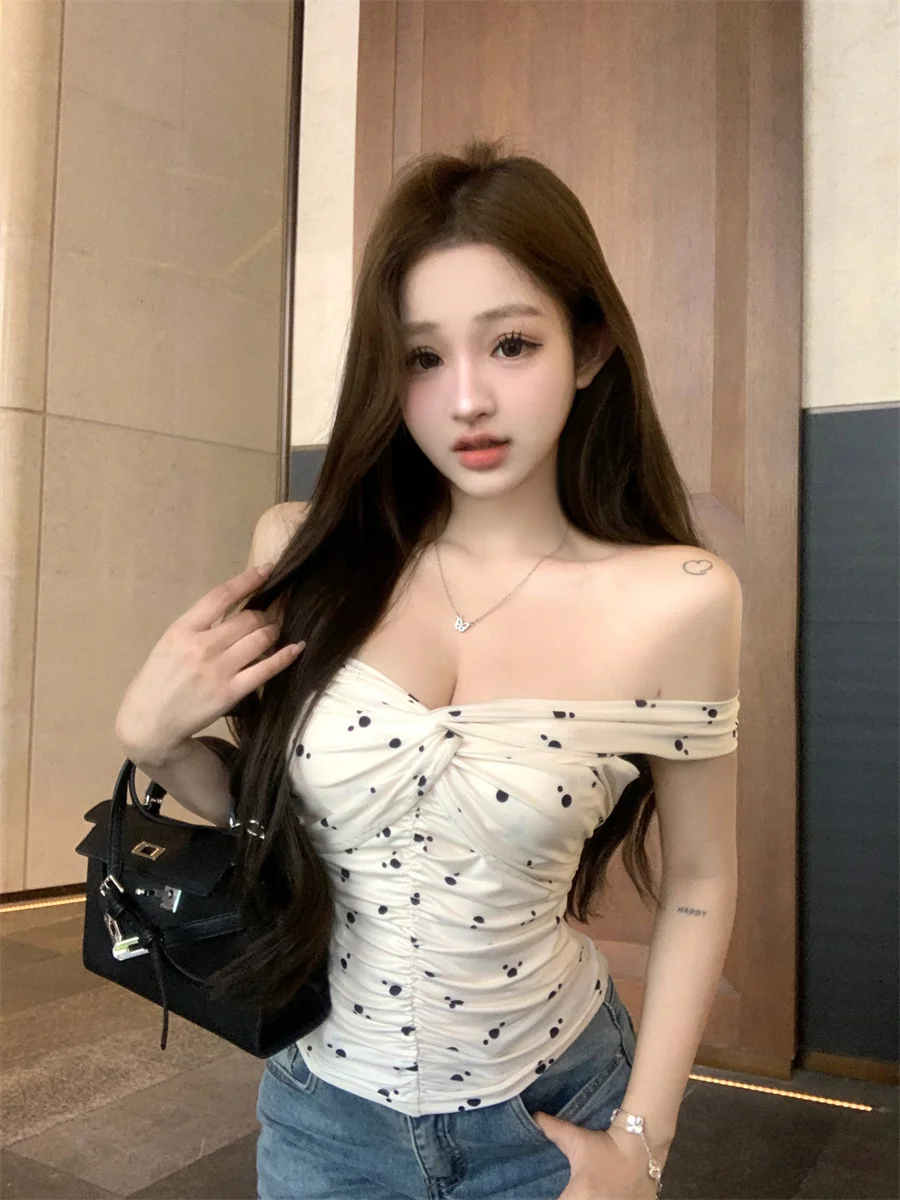 여성용 크로스 슬래시 넥 섹시 티셔츠, 반팔 타이트 크롭 탑, 폴카 도트 프린트 티, 슬림 개더 웨이스트 하의 티셔츠, 여름