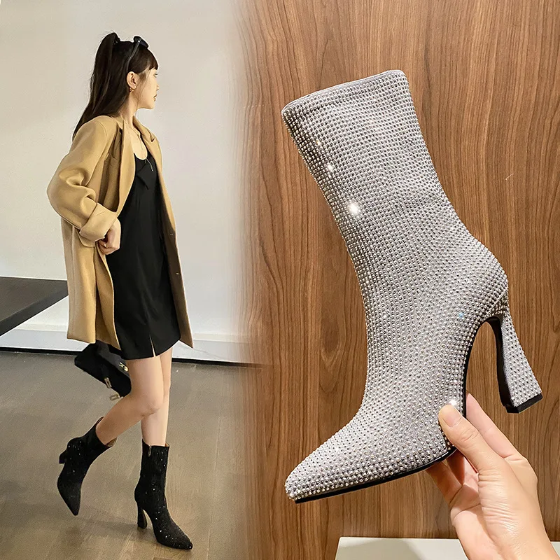 

Pointed Toe Horseshoe High Heel Boots Platform Rhinestone Large Size Ankle Botines Suede Side-Zip Mid-Calf Botas Femininas