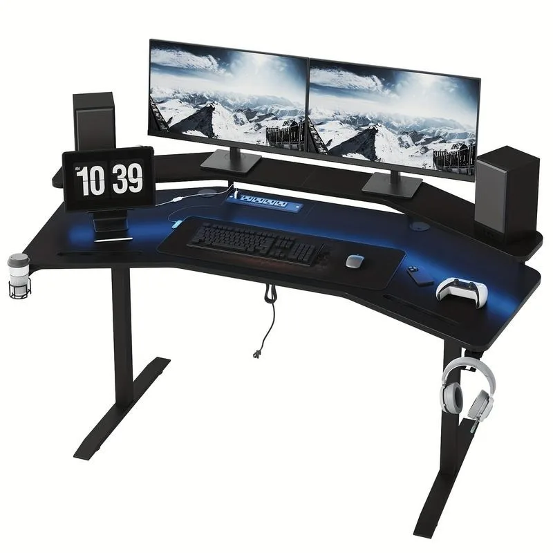 Gaming Desk with LED Lights & Power Outlets, 63" Wing-Shaped Computer Desk, Studio Desk with Monitor Stand, RGB Mouse Pad, Headp