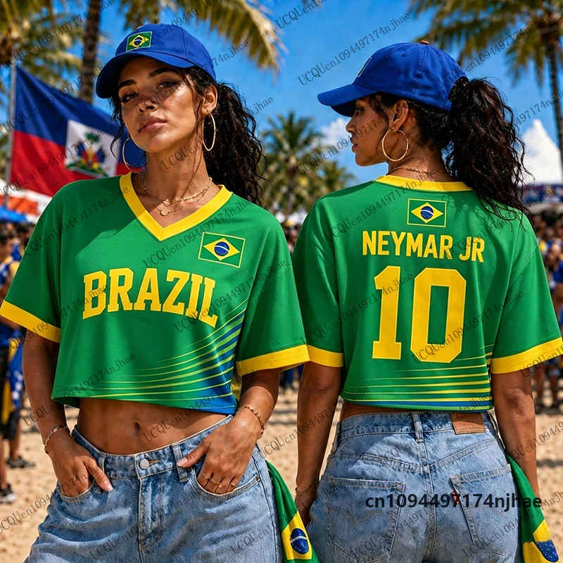 Summer New Brazil Neymar #10 Print T-shirt For Women Short Sleeve Sexy Crop Top Football Jersey Y2k V-neck Tees Casual Tops