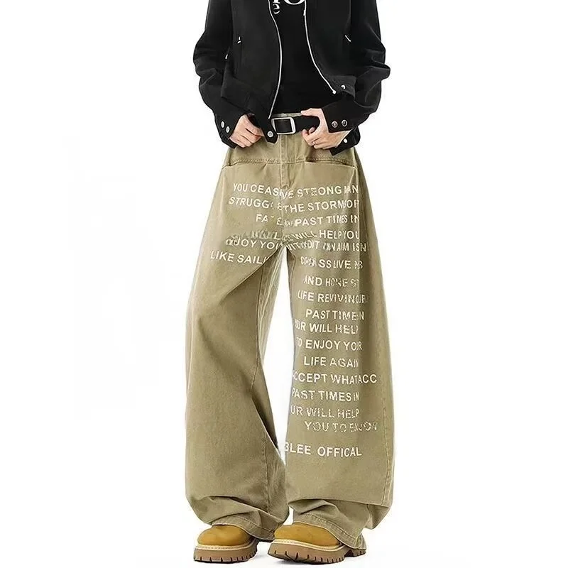 

Ретро-джинсы с американским буквенным принтом для мужчин и женщин, парные, свободного прямого кроя, удлиненные, дизайнерские, с эффектом потертости, модель Small Ence Knife Pants