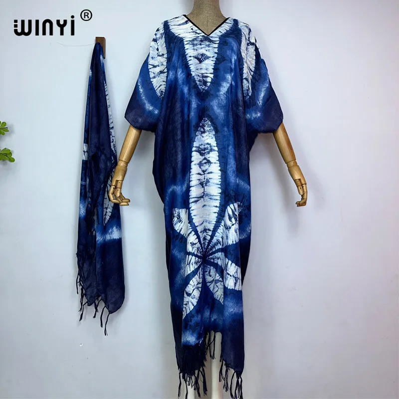 

WINYI 2023 Summer African Tie-dye printing Dashiki Abaya Kaftan Elegant Lady Dubai Maxi Casual Dresses with belt Bohemian dress