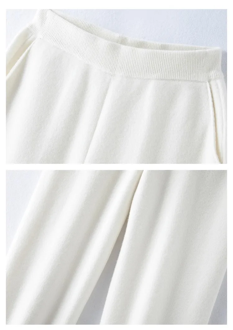 Elegant Pure High Waist Drooping Wide-Leg Pants Women's Outer Wear with Pockets Baggy Straight Trousers Knitted Mop Trousers